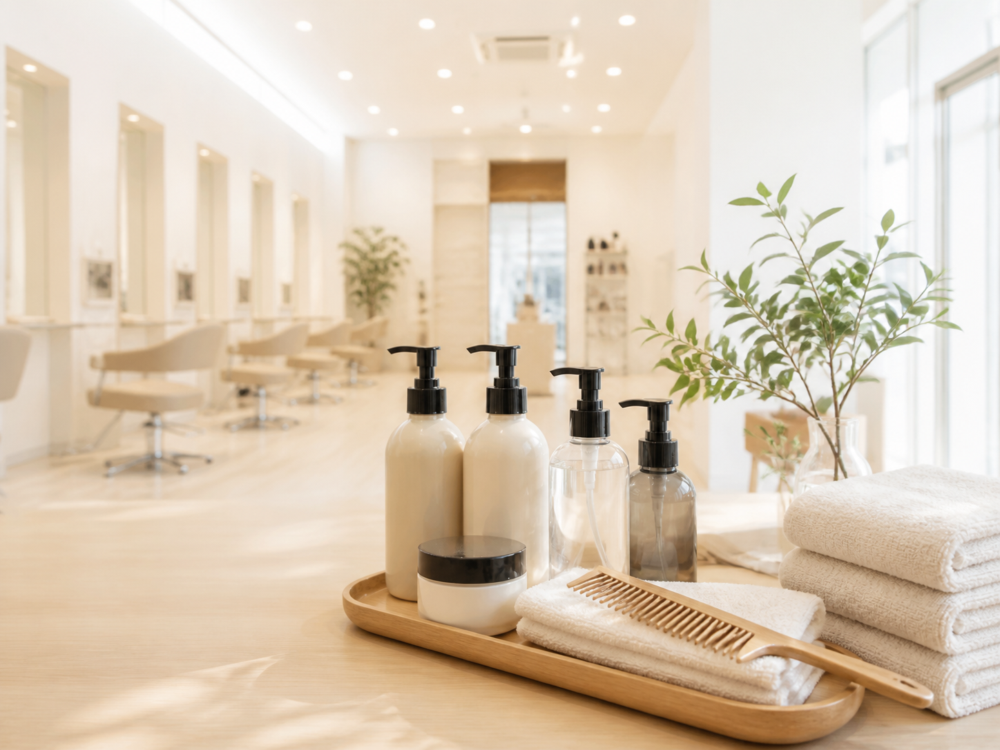 ヘアケア用品とタオルが並ぶ明るい店内