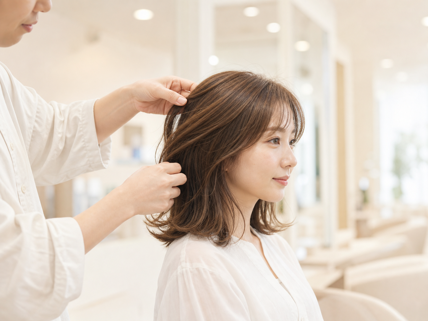 美容師が髪を整えている様子